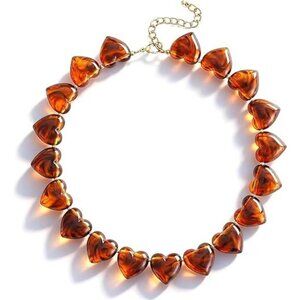 🧡 Chic Amber Heart Beaded Necklace – Tortoise Pattern Hearts
